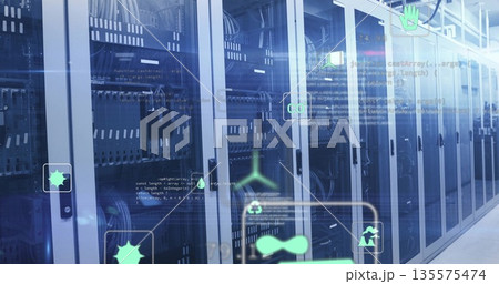 Displaying server cabinets glowing with blinking LEDs in data center, with eco overlay icons 135575474