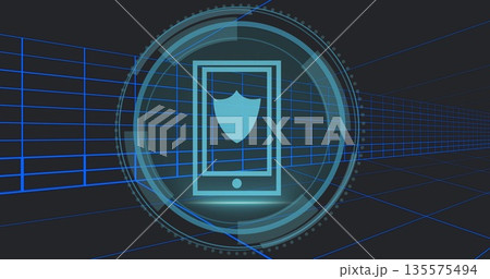 Displaying smartphone outline showing shield emblem in 3D grid space, with rotating HUD rings Displaying smartphone outline showing shield emblem in 3D grid space, with rotating HUD rings 135575494