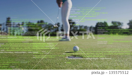 Positioning female golfer lining up putt on golf green, with golf putter, golf ball, code overlay Positioning female golfer lining up putt on golf green, with golf putter, golf ball, code overlay 135575512
