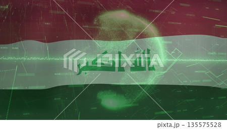 Displaying stylized Iraqi flag with Arabic script floating in circuit background, with grid globe 135575528