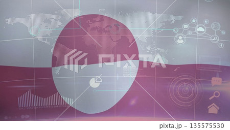 Showing dashboard on panel overlaying magenta circle dotted world map wavy band icons and gridlines Showing dashboard on panel overlaying magenta circle dotted world map wavy band icons and gridlines 135575530