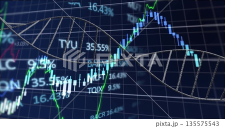 3D DNA double helix merging with gridlines onscreen, with candlesticks, line traces and % labels 3D DNA double helix merging with gridlines onscreen, with candlesticks, line traces and % labels 135575543
