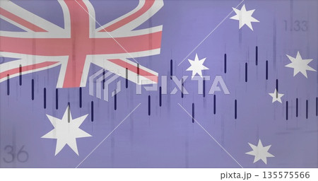 Showing flag merging chart numeric overlays in digital illustration, Union Jack and national stars 135575566