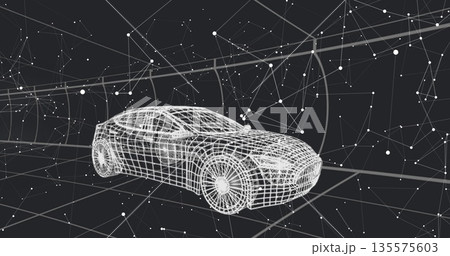 Floating wireframe sedan model in virtual network space, with interconnected nodes and thin lines Floating wireframe sedan model in virtual network space, with interconnected nodes and thin lines 135575603