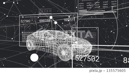 Floating 3D sedan wireframe model in virtual data space, with network graph panels and bar graphs 135575605