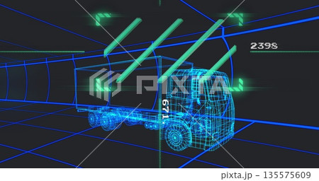 Rendering wireframe tractor-trailer moving through virtual tunnel with neon blue grid and green HUD Rendering wireframe tractor-trailer moving through virtual tunnel with neon blue grid and green HUD 135575609