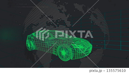 Neon green wireframe car hovering in virtual space, with dotted globe map and teal grid lines Neon green wireframe car hovering in virtual space, with dotted globe map and teal grid lines 135575610