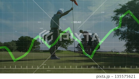 Aligning two golfers adjusting golf ball on putting green, with flagstick and data grid overlay 135575621