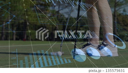 Tracking amateur golfer placing putter and ball on putting green, with digital performance overlays Tracking amateur golfer placing putter and ball on putting green, with digital performance overlays 135575631