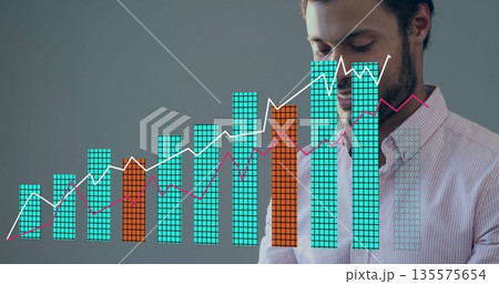 Man in pink shirt studying turquoise bar chart and trend lines in studio, copy space Man in pink shirt studying turquoise bar chart and trend lines in studio, copy space 135575654