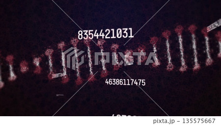 Rotating helix in dark digital space, with numeric strings, glowing nodes and connecting filaments 135575667