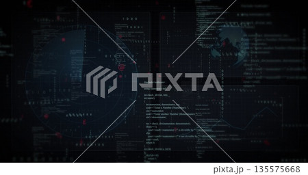 Displaying circular radar view pulsing on control screen, with code blocks, map, triangular chart 135575668