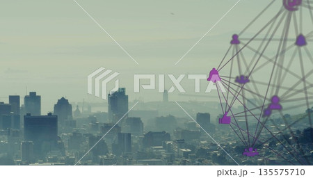 Overlaying purple network with icons at hilltop overlooking skyscrapers, cranes, harbor, copy space Overlaying purple network with icons at hilltop overlooking skyscrapers, cranes, harbor, copy space 135575710
