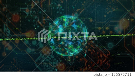 Rotating glowing polygonal sphere intersecting data network, with neon waveform and circuit traces Rotating glowing polygonal sphere intersecting data network, with neon waveform and circuit traces 135575711