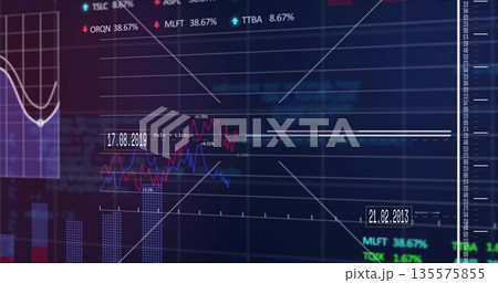 Dashboard trading screen showing overlaid red or blue lines, purple bars, date and percentage metric Dashboard trading screen showing overlaid red or blue lines, purple bars, date and percentage metric 135575855
