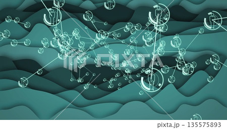 Displaying network of human-icon nodes linking via glowing lines in digital space with wave layers 135575893