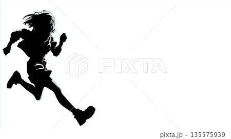 白背景を走るアニメ風シルエットの少女 135575939