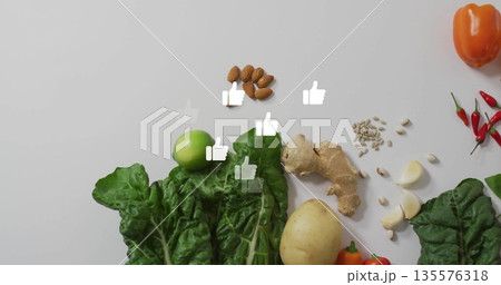 Showcasing fresh produce and nuts at kitchen counter, with Swiss chard, lime, roots, seeds, peppers Showcasing fresh produce and nuts at kitchen counter, with Swiss chard, lime, roots, seeds, peppers 135576318