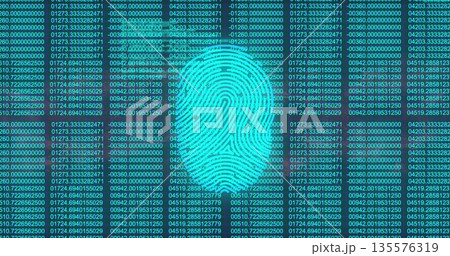 Displaying neon turquoise fingerprint graphic on security interface, with numerical data columns Displaying neon turquoise fingerprint graphic on security interface, with numerical data columns 135576319