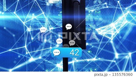 Floating blue notification bubble presenting 42 over data center server cabinet, with chat bubbles Floating blue notification bubble presenting 42 over data center server cabinet, with chat bubbles 135576360