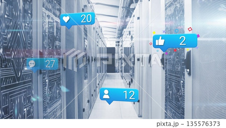 Displaying central data center corridor showcasing server racks and floating social media icons 135576373