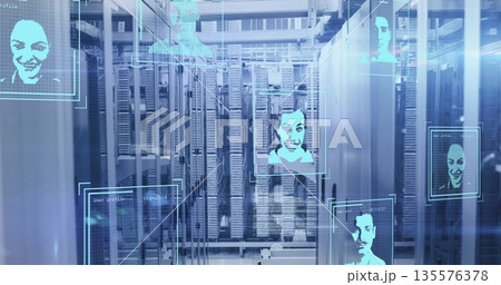 Displaying server racks showing facial recognition overlays in datacenter, with cables and lights Displaying server racks showing facial recognition overlays in datacenter, with cables and lights 135576378