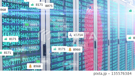 Streaming server racks displaying code streams and notifications in data center, fingerprint icon Streaming server racks displaying code streams and notifications in data center, fingerprint icon 135576384