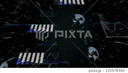Visualizing streams in net, with rotating Earth globes, charts, graphs, code snippets, neon streaks 135576395