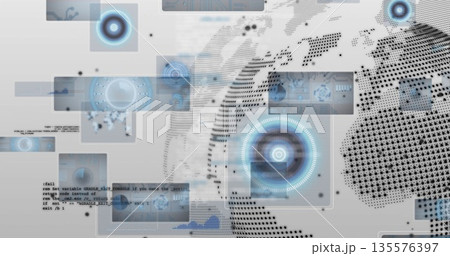 Floating panels in virtual interface, displaying HUD circles, code snippets and dotted world map 135576397