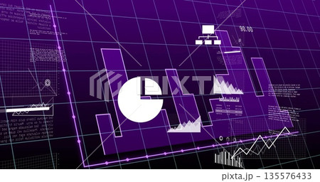 Displaying dashboard on screen, with perspective grid, charts and graphs, icons, labels and text Displaying dashboard on screen, with perspective grid, charts and graphs, icons, labels and text 135576433