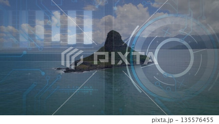Displaying rocky island rising from ocean waters, with circular HUD gauge and bar-chart overlays Displaying rocky island rising from ocean waters, with circular HUD gauge and bar-chart overlays 135576455