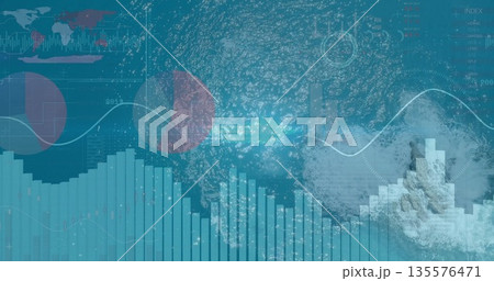 Displaying jetty with breaking waves being overlaid by data visualizations at sea, copy space 135576471