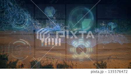 Displaying holographic data suite overlaying shoreline, with circular HUD and bar chart overlays 135576472