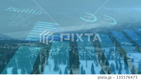 Displaying data overlaying snowy pine forest, with pillar chart, line graph and progress circles 135576473