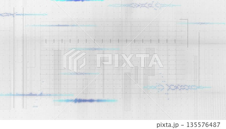 Displaying grey schematic grid across digital interface, with cyan violet waveform segments 135576487