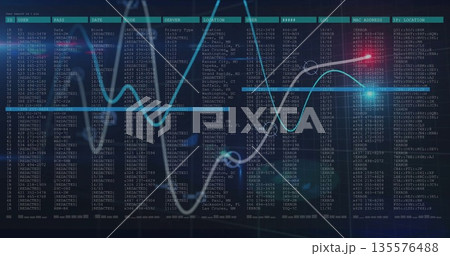 Displaying overlaid wavy line graph trending on dark network dashboard, with tabular data columns Displaying overlaid wavy line graph trending on dark network dashboard, with tabular data columns 135576488