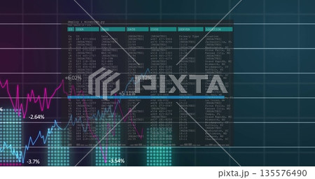 Displaying transparent data table overlaying screen, tracing line graphs and turquoise dot clusters Displaying transparent data table overlaying screen, tracing line graphs and turquoise dot clusters 135576490