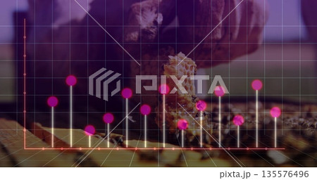 Showing gloved hand gripping honeycomb with bees on hive frame at apiary, with magenta data points 135576496