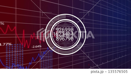 Displaying white infographic showing numeric values on screen with red and blue charts, grid lines Displaying white infographic showing numeric values on screen with red and blue charts, grid lines 135576505