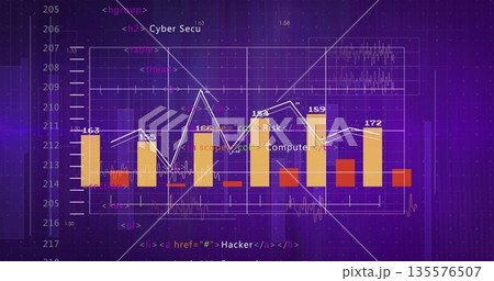 Displaying dashboard showing bar and line chart on purple grid, with numeric labels and HTML code 135576507
