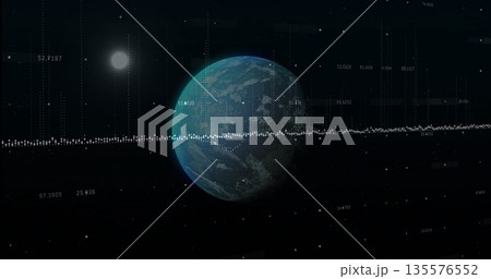 Showing spherical planet resembling Earth rotating in deep space, with bright star and bar graph Showing spherical planet resembling Earth rotating in deep space, with bright star and bar graph 135576552