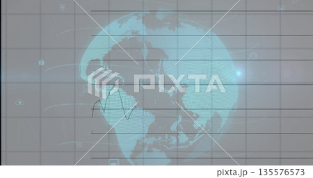 Projecting holographic Earth globe on grid in tech lab, with padlock cloud icons network flow lines 135576573