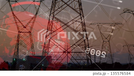 Featuring high-voltage pylons glowing in dusk outskirts, with red globe circuit traces 2005 Tokyo Featuring high-voltage pylons glowing in dusk outskirts, with red globe circuit traces 2005 Tokyo 135576584