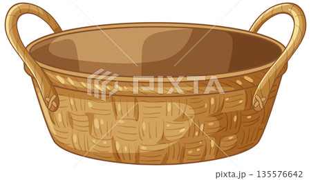 Empty Woven Wicker Basket with Two Handles on White Background Empty Woven Wicker Basket with Two Handles on White Background 135576642