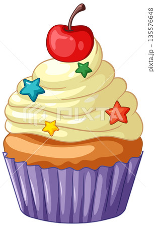 Vanilla Cupcake with Swirled Frosting and a Red Cherry on Top 135576648