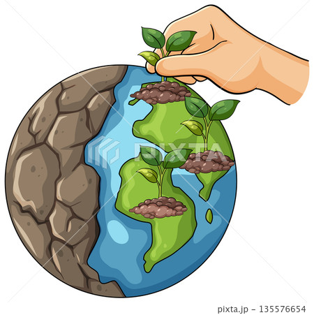 Hand Planting Seedlings on Earth for Environmental Restoration 135576654