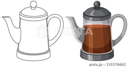 Vector Illustration of a Coffee Pot in Outline and Colored Styles 135576662