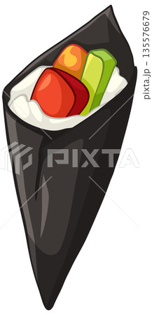 Japanese Temaki Sushi Hand Roll Vector Illustration on White Background Japanese Temaki Sushi Hand Roll Vector Illustration on White Background 135576679