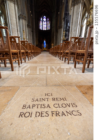 Reims, Marne, Grand-Est, France, August, 28th, 2025, Champagne Area, Saint Remi floor inscription in Reims, Marne, Grand-Est, France, August, 28th, 2025, Champagne Area, Saint Remi floor inscription in 135576696