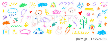 Cute kid baby icon set. Hand drawn kid doodle marker stroke with cute color rainbow, sun, cloud childish background. Cartoon sketch children flower, car, house icon elements. Vector 135576950